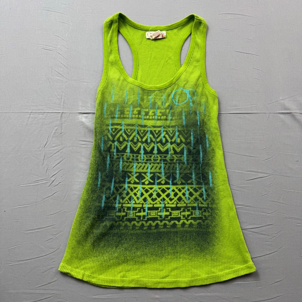 OP Ocean Pacific Neon Lime Green Waffle Knit Tribal Graphic Racerback Tank Top L